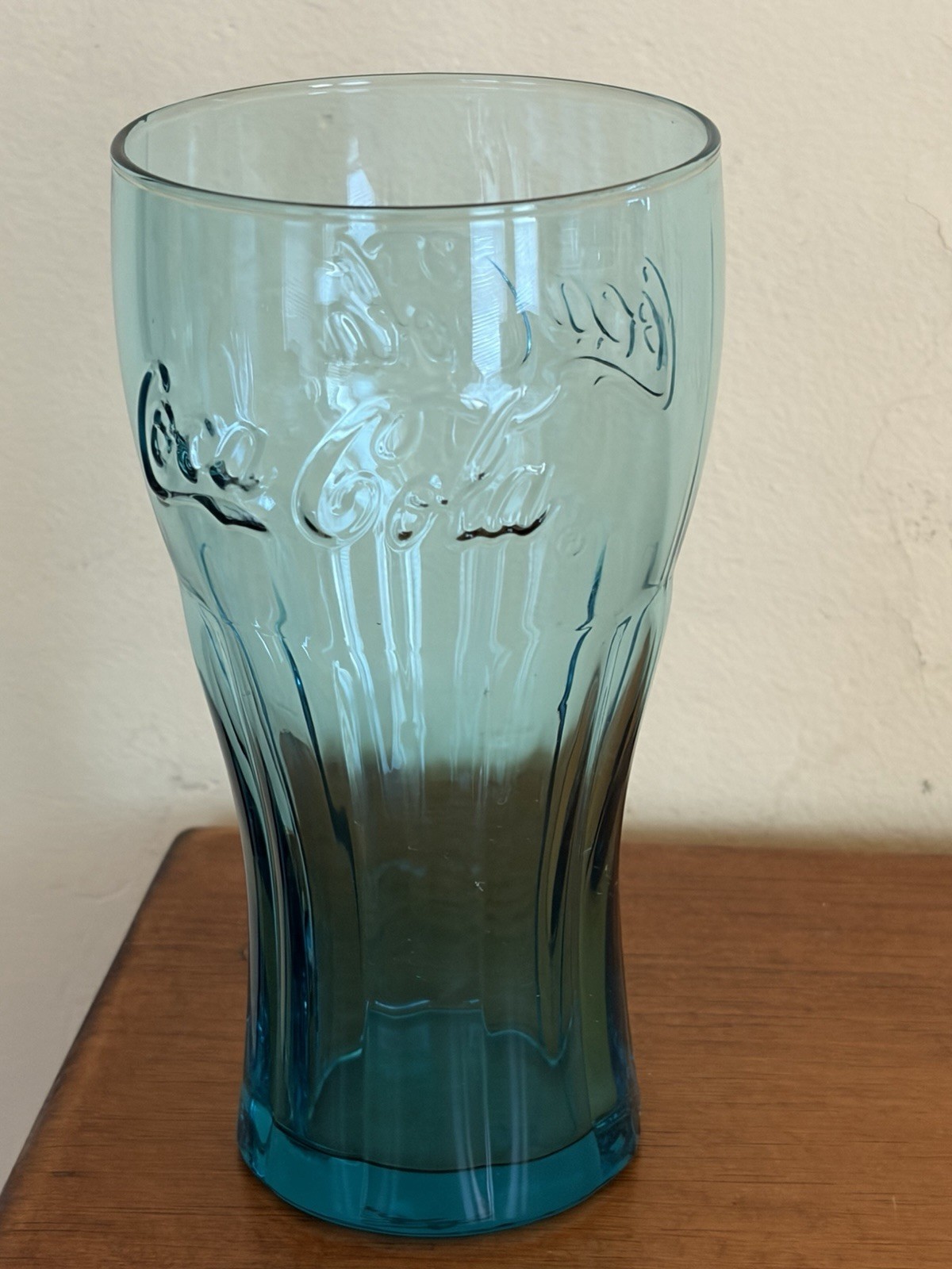 Vintage Transparent Teal Blue Coca Cola Glass Drinking Cup 6″ Raised Logo