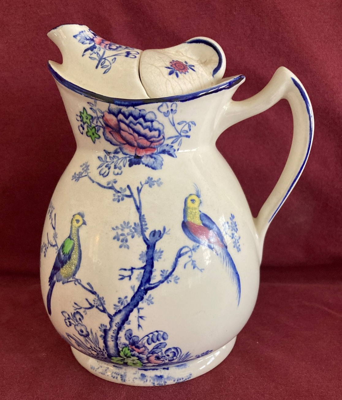 Gorgeous Vintage English Bursley Ware Oriental Bird Pitcher with Slide Lid