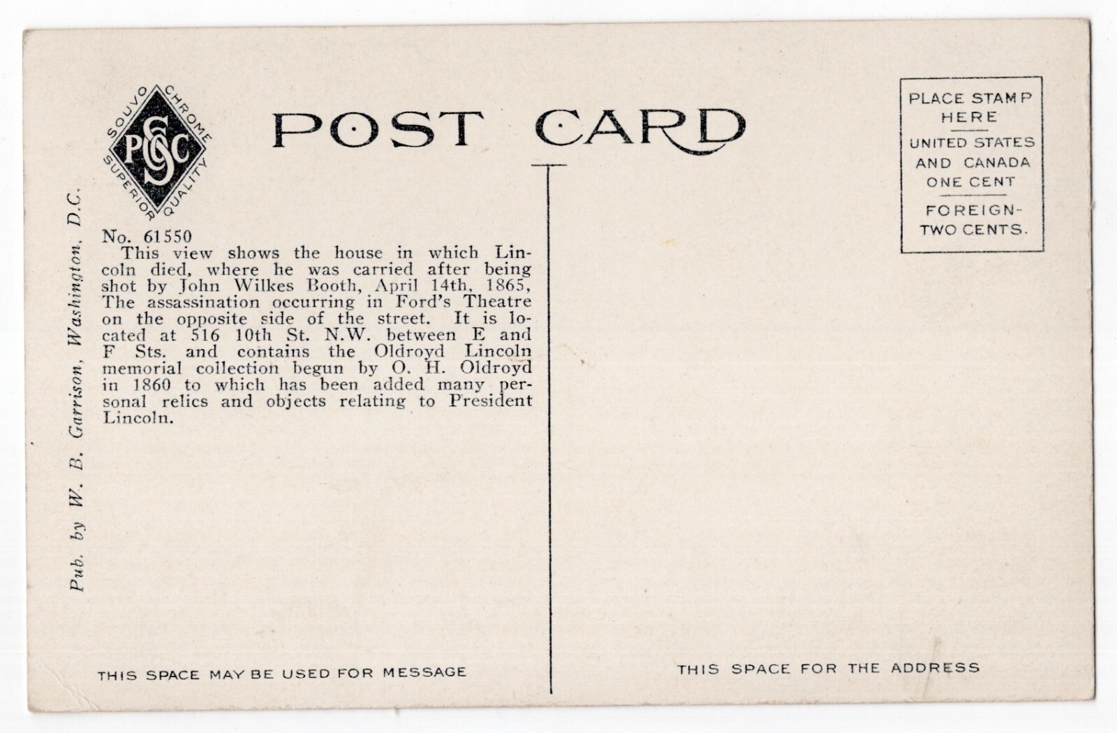 The House in which Lincoln Died, Washington D.C. postcard, no. 61550