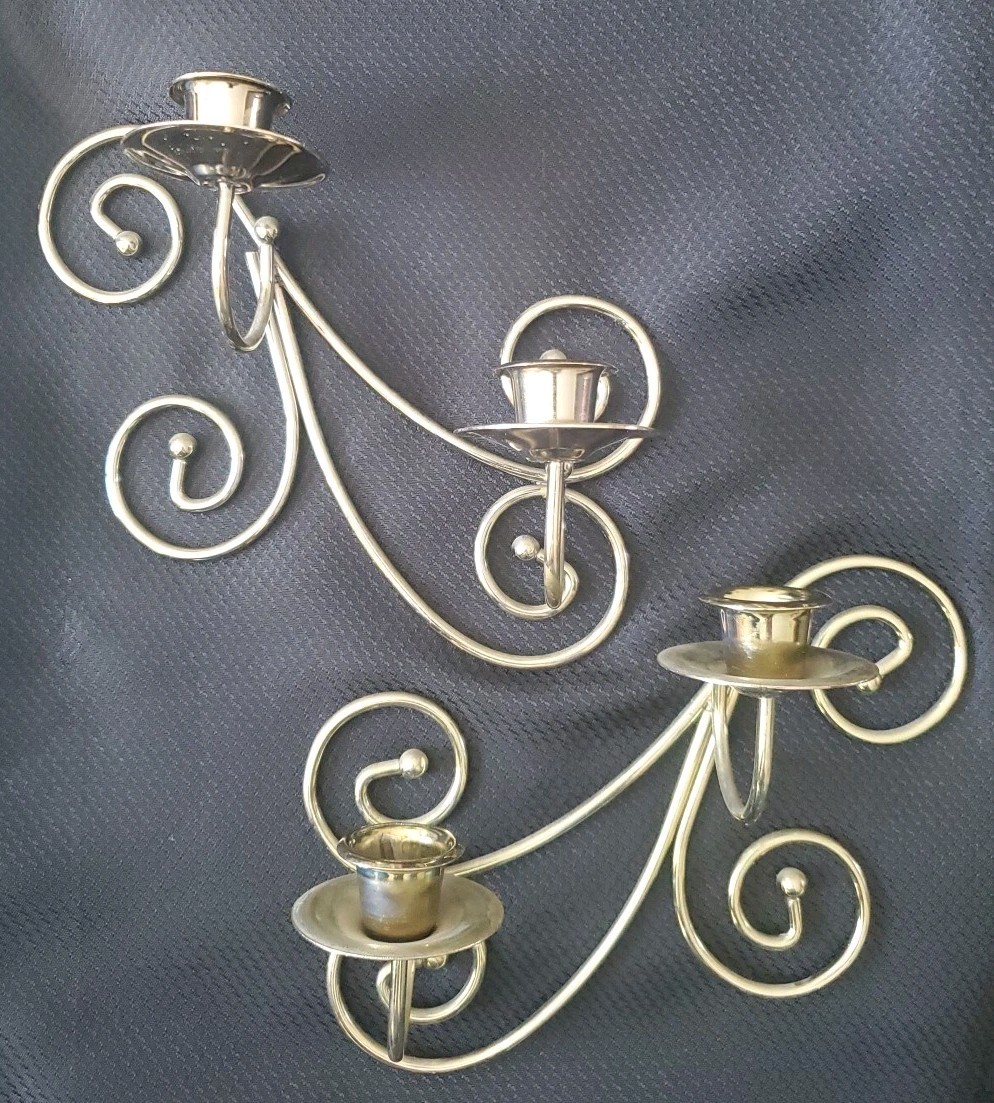 Vintage Brass Gold Tone Candle Wall Sconce Set of 2 Scroll Home Interior Pair