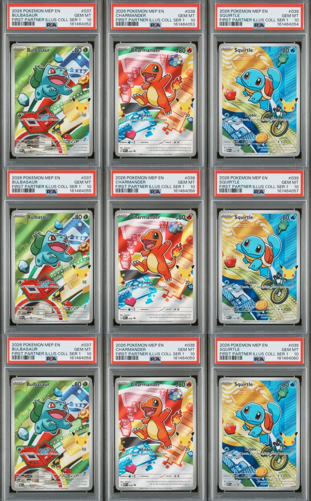 POKEMON FIRST PARTNER SERIES 1 BULBASAUR CHARMANDER SQUIRTLE – SEQUENTIAL PSA 10