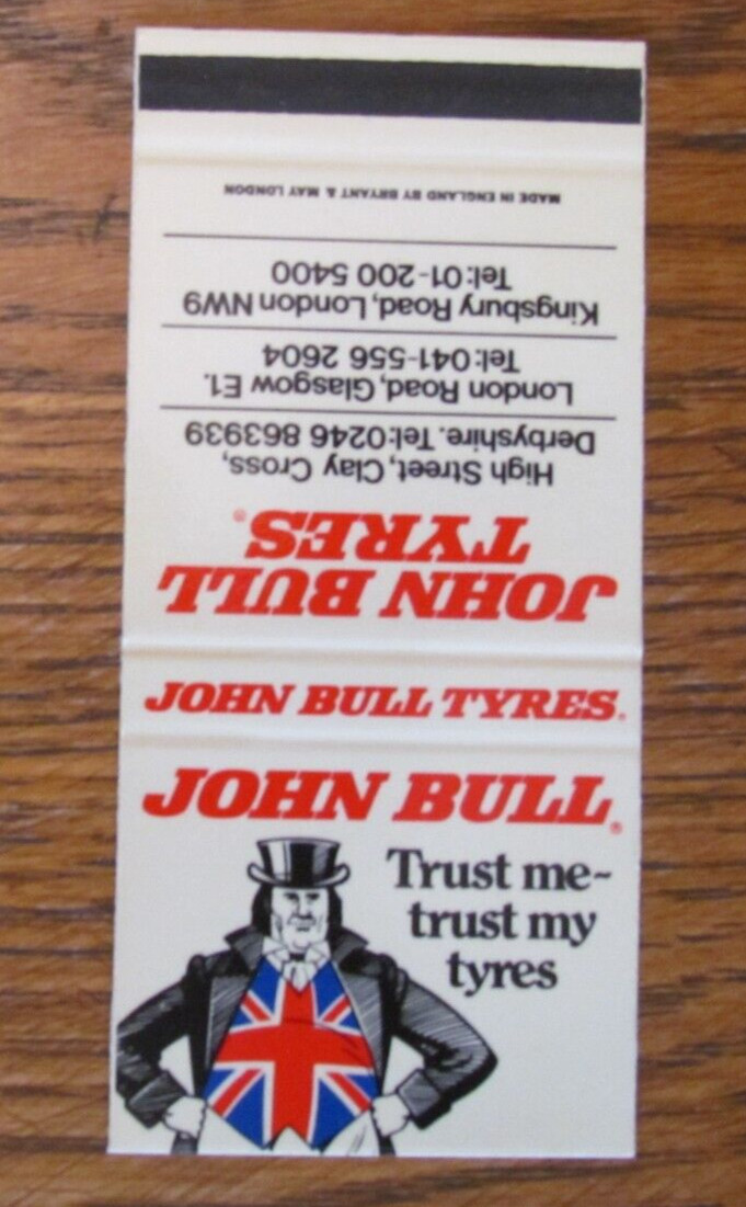 FICTIONAL CHARACTER MATCHBOOK COVER: JOHN BULL TYRES GLASCOW & LONDON, UK -B4