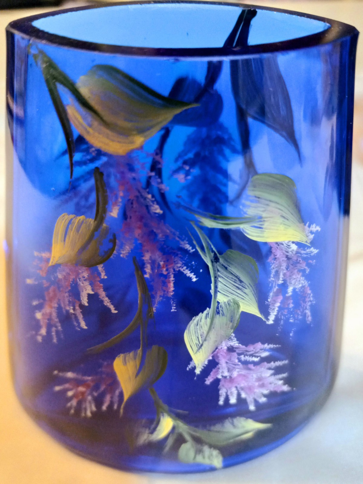 Cobalt Blue Decorative Hand Painted Florals Signed Glass & Blown Glass 3 Pcs