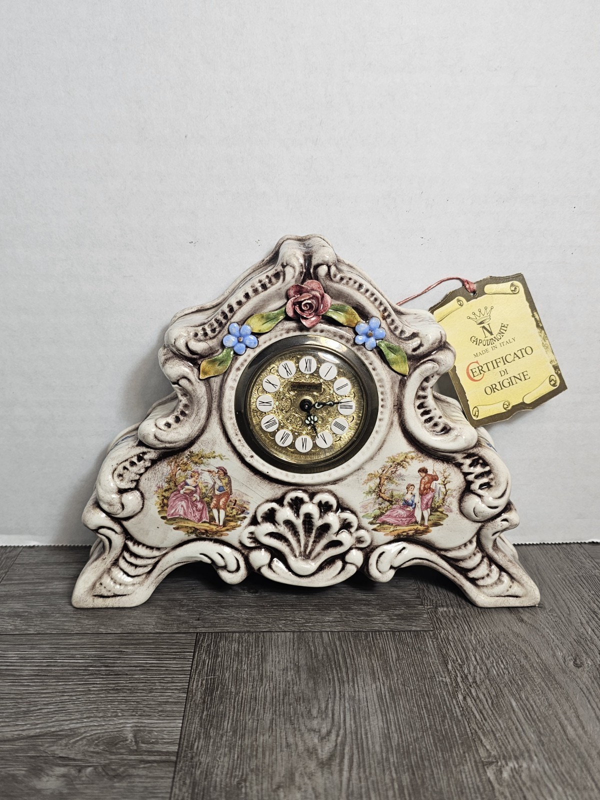 CAPODIMONTE PORCELAIN CLOCK ITALY W. GERMAN MECHANICAL MOVEMENT FLORAL PAINTED