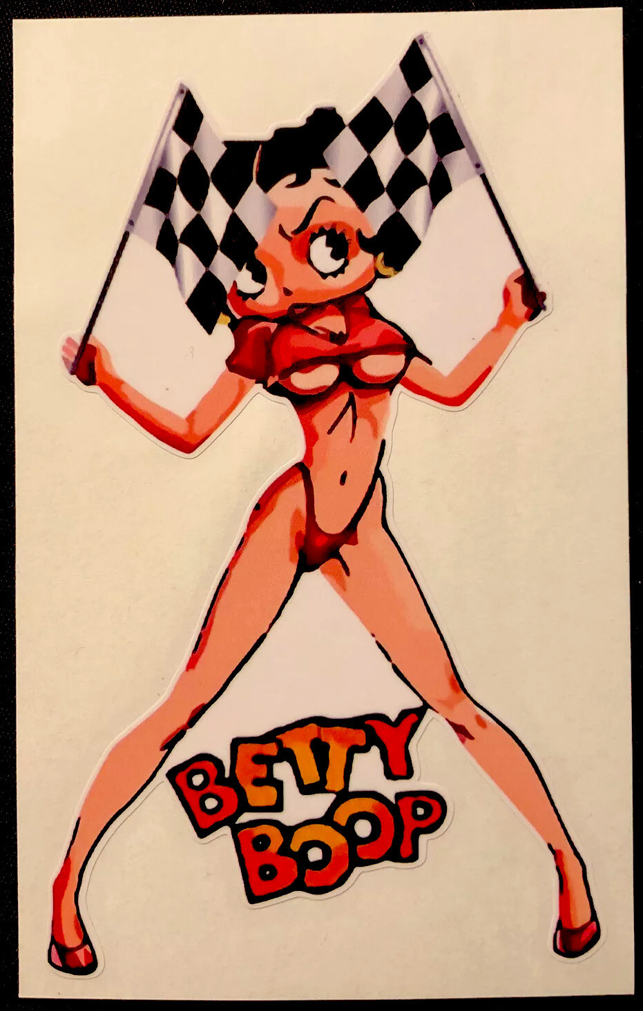 BETTY BOOP STICKER “CHECKED FLAG” 3 1/4 x 5”￼ SUPER HOT HALF SHIRT BETTY!