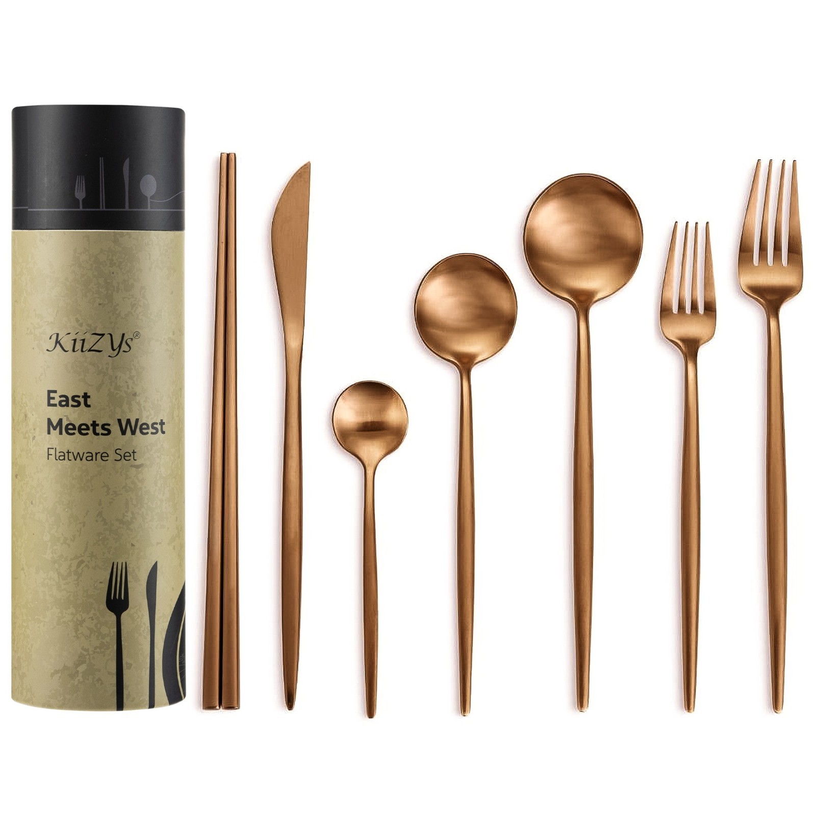 14-pc Matte Copper (2 set) Chopstick Cutlery Silverware Utensil Flatware KiiZYs