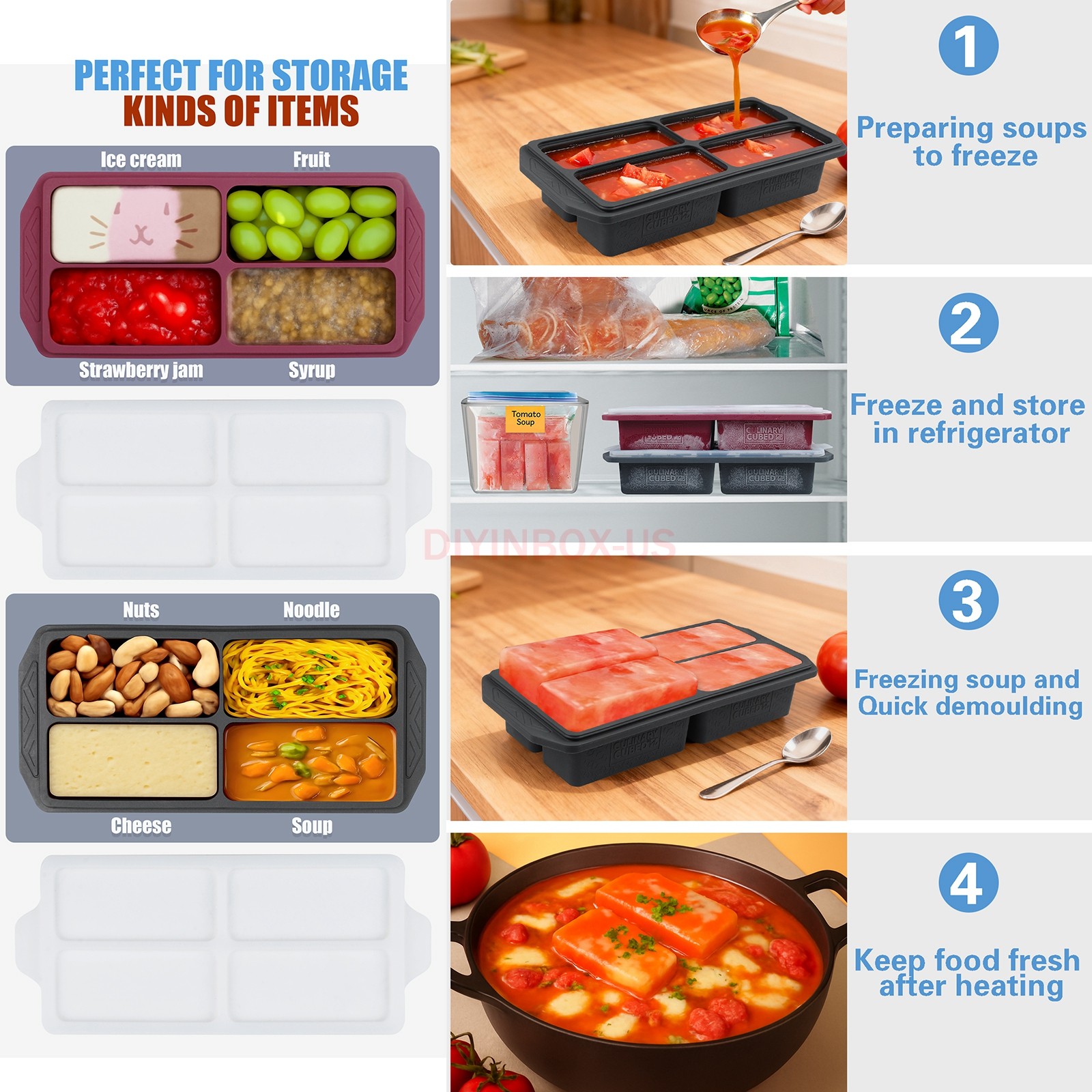 CulinaryCubed Silicone Freezer 4 Compartments Meal Prep Food Storage Containers