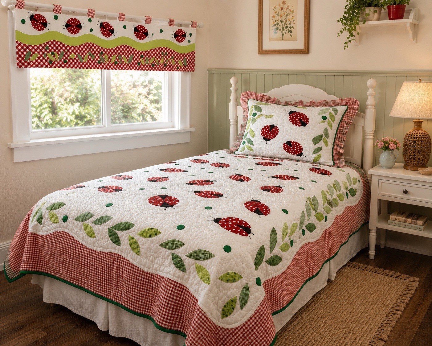VTG Brittanica Ladybug 3 Piece Twin Set Bedspread Sham Valance Whimsy Hearts