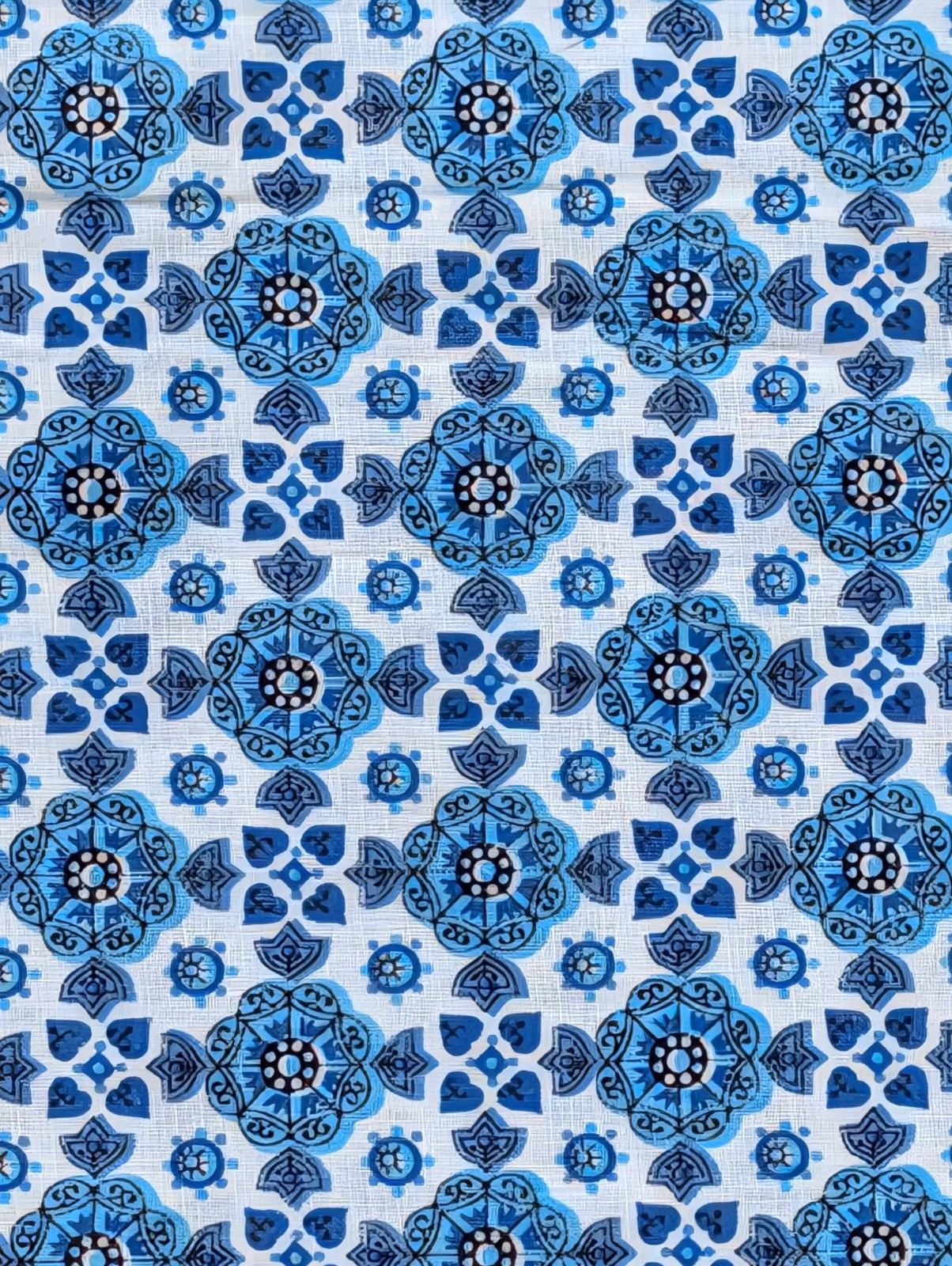 VTG 1950’s/1960’s MCM Bue & White Medallion Light Weight Cotton Fabric 4 YDS