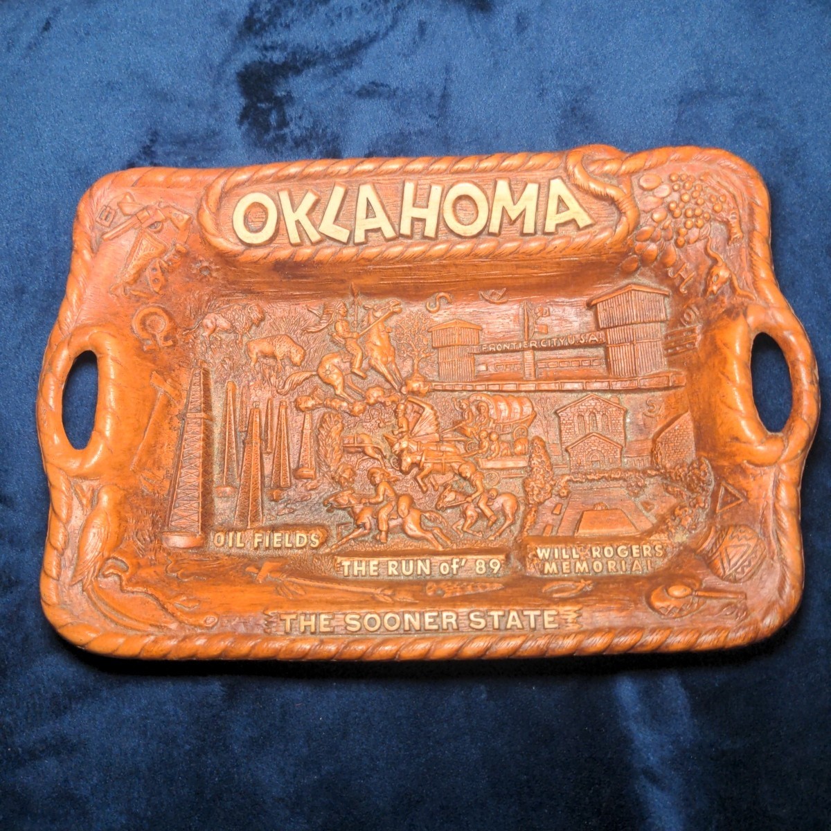 Oklahoma The Sooner State VTG Carved Wood Plate Platter by Lagenes Collectible