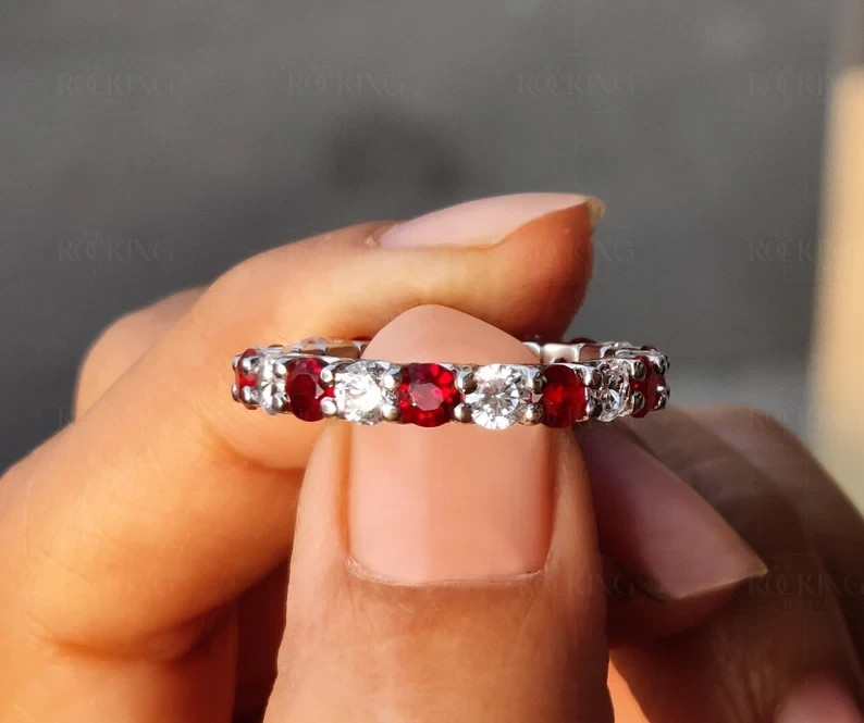Ruby & Diamond 14K White Gold Over Wedding Anniversary Full Eternity Band Ring