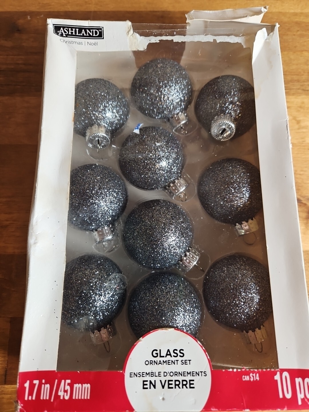 10 Small Christmas Black & Silver Glitter Ornaments In Box VGC 1.7in w/Cap