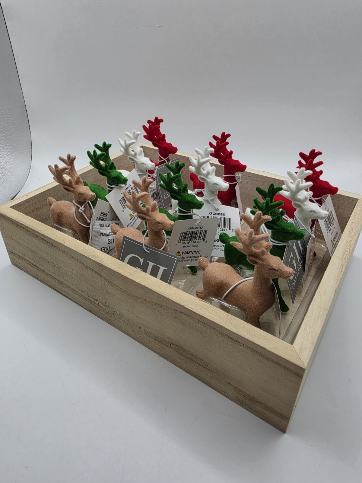 New Holiday Flocked Reindeer Red Green Brown White 12 With Wooden Display Box