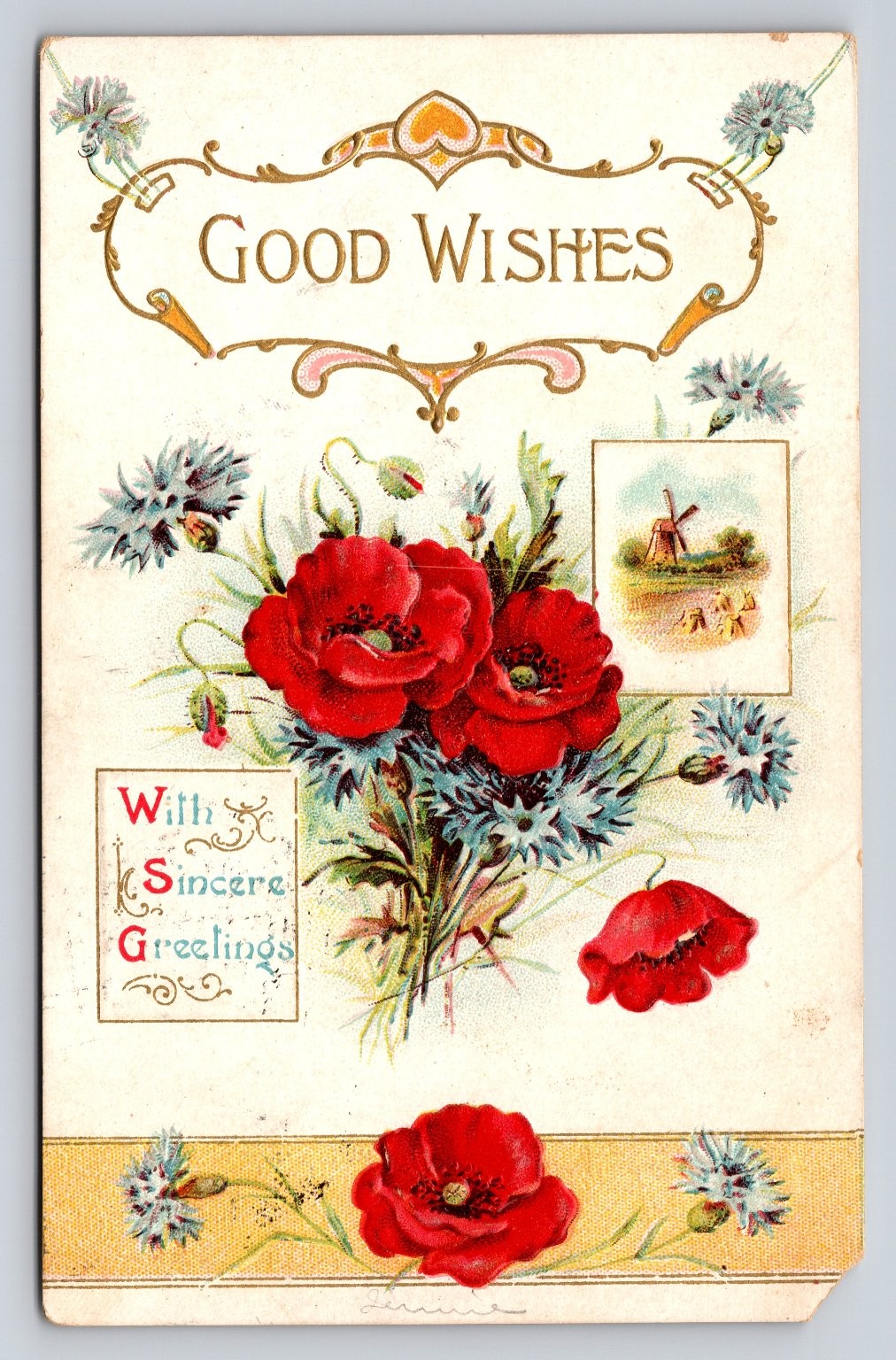1908 DELPHOS KANSAS Postcard Good Wishes Poppies Windmill Embossed Floral