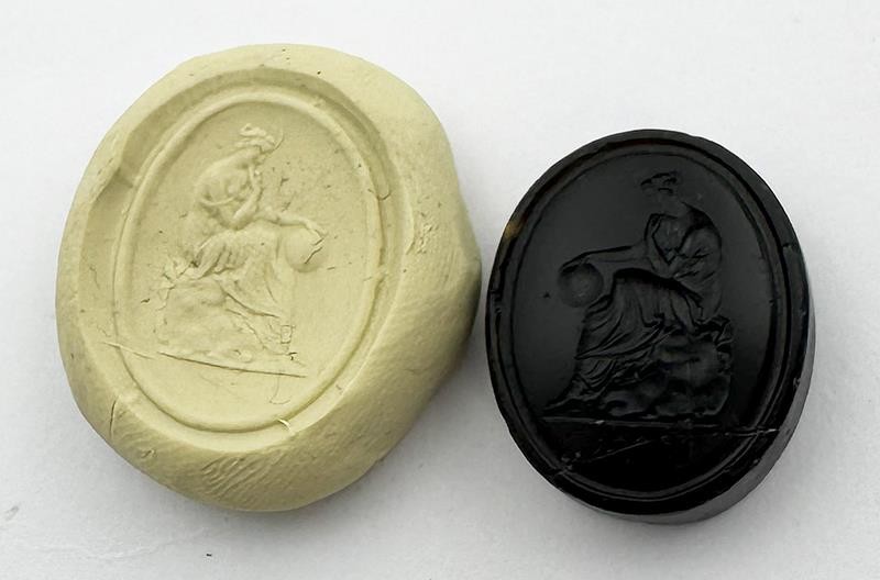 A/F GEORGIAN SEATED MINERVA HOLDING GLOBE GLASS INTAGLIO SEAL SIGNED c1800