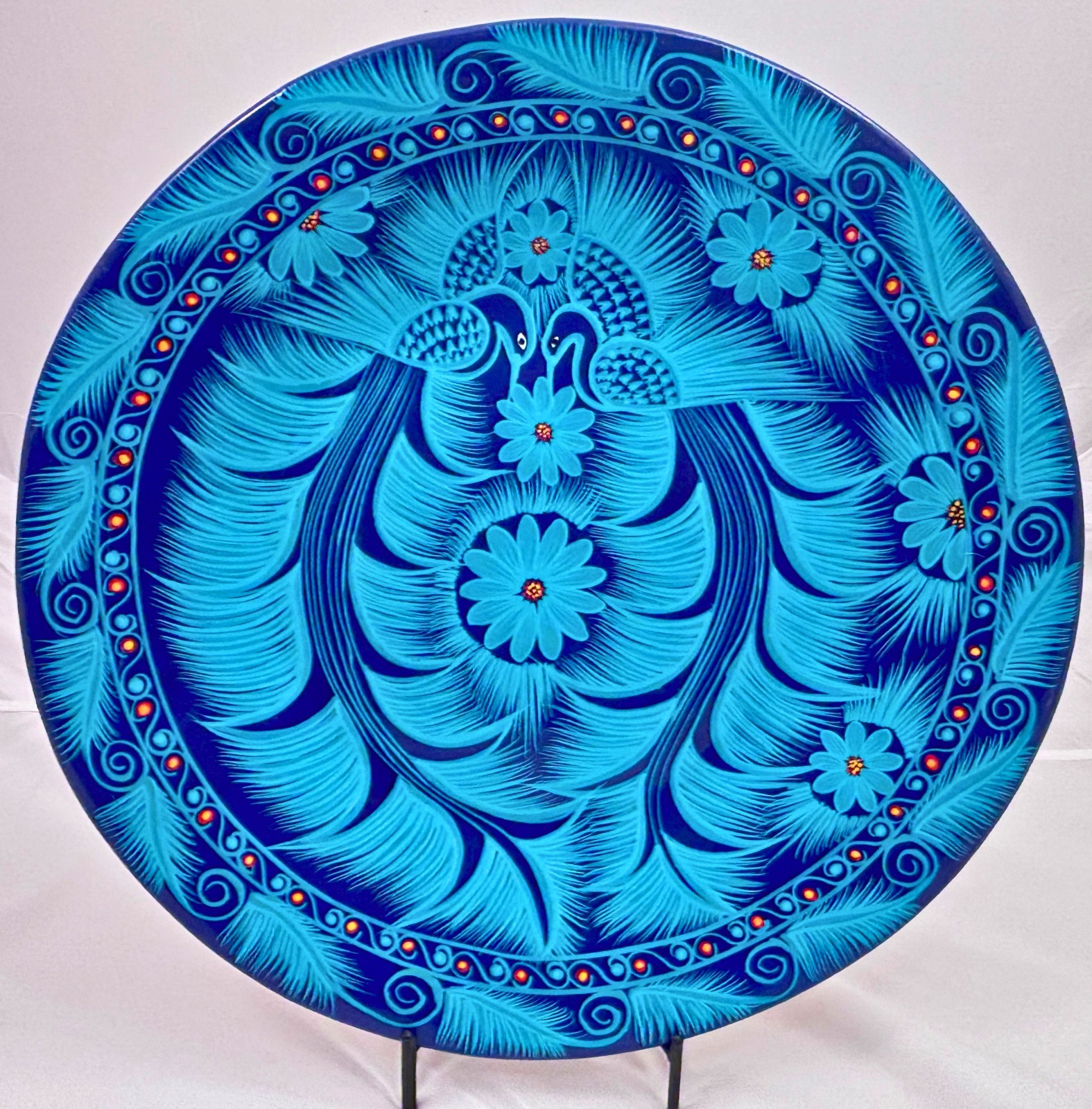 Signed Marisal Mexican Folk Art Pottery Wall Plate Blue Bird Puerto Vallarta 16″
