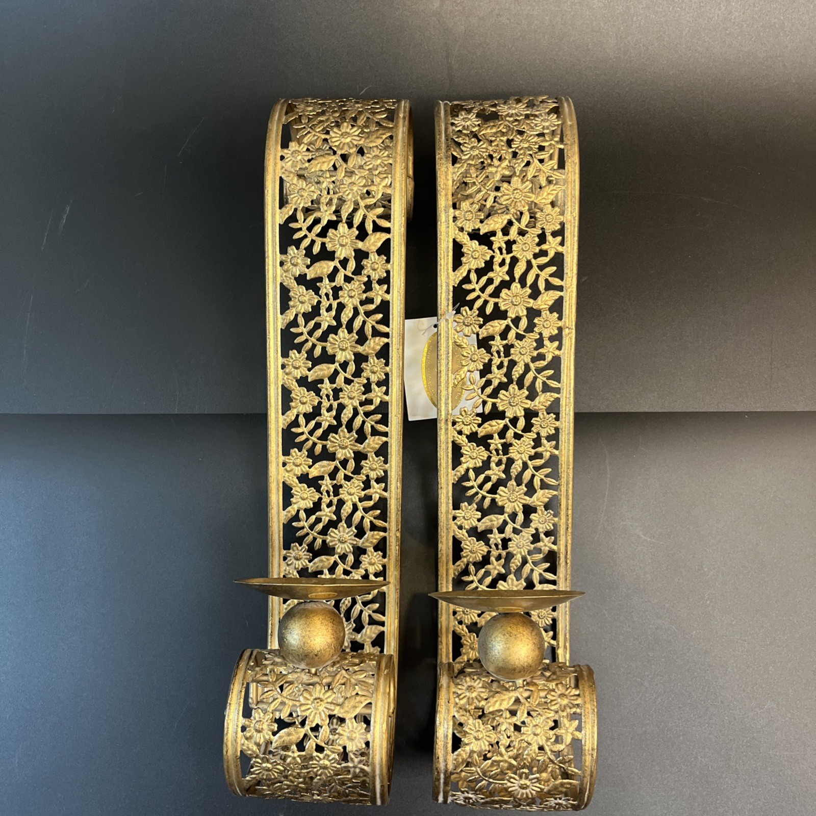 Antique Gold Metal Wall Sconces Pillar Candle Holders Floral Vine Ornate Set 16″