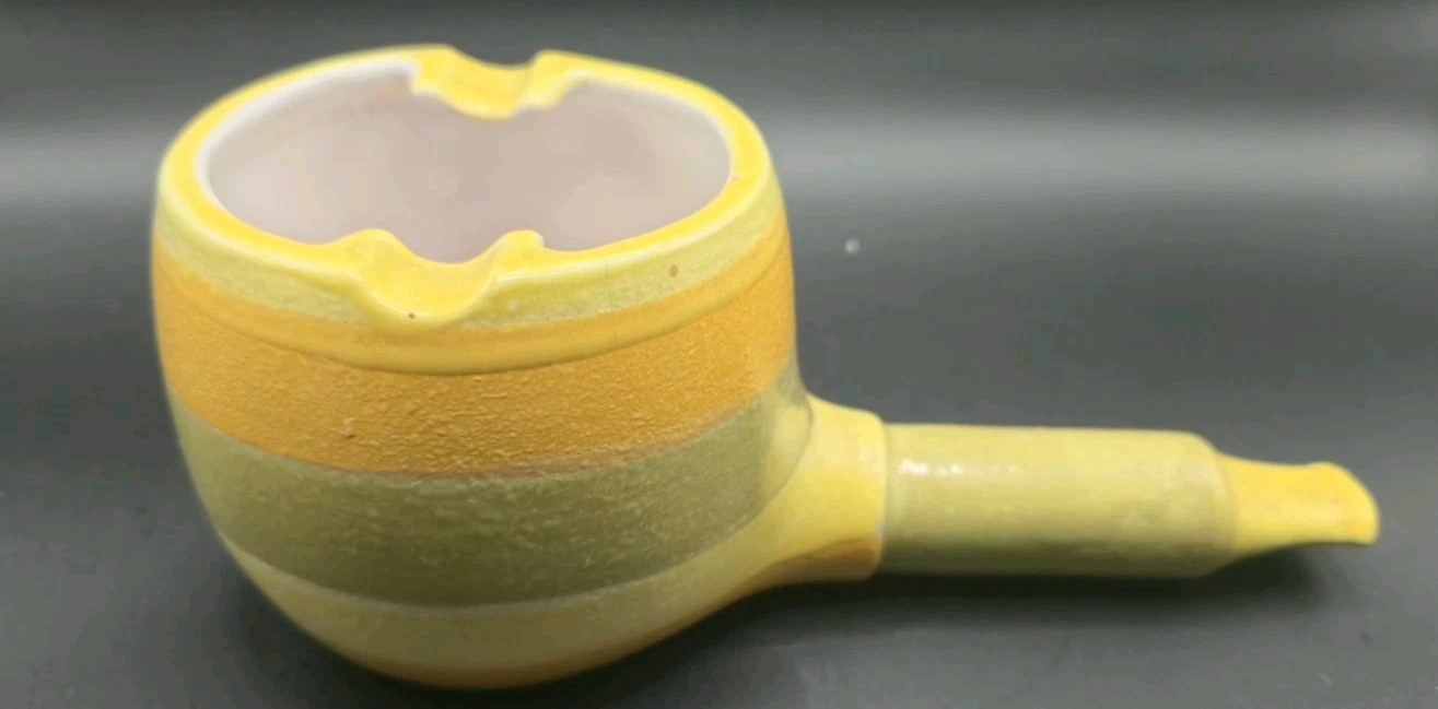 MCM Pipe Shaped Ash Tray, Green & Yellow Shades, Striped 1970s Boho Hippy