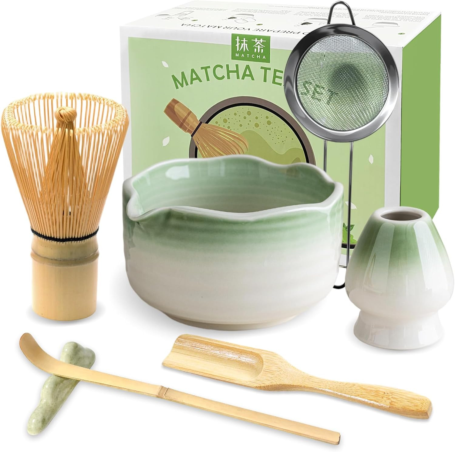 Matcha Whisk Set, Ceramic Matcha Kit Includes Bowl with Spout, Matcha Whisk (Cha