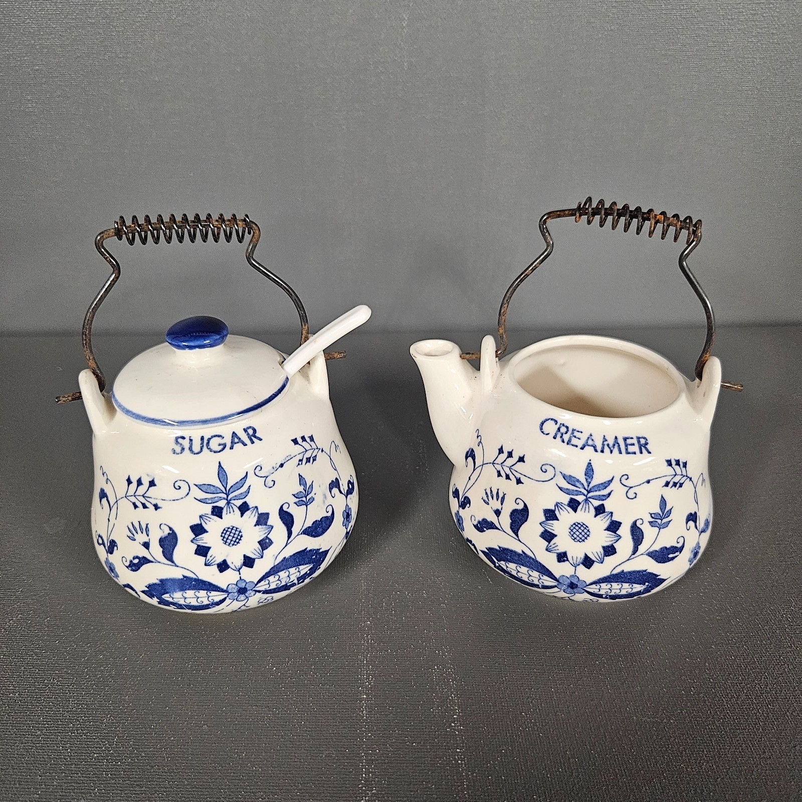 Delft Blue & White Vintage Floral Sugar Bowl & Creamer Set w/Lid & Spoon