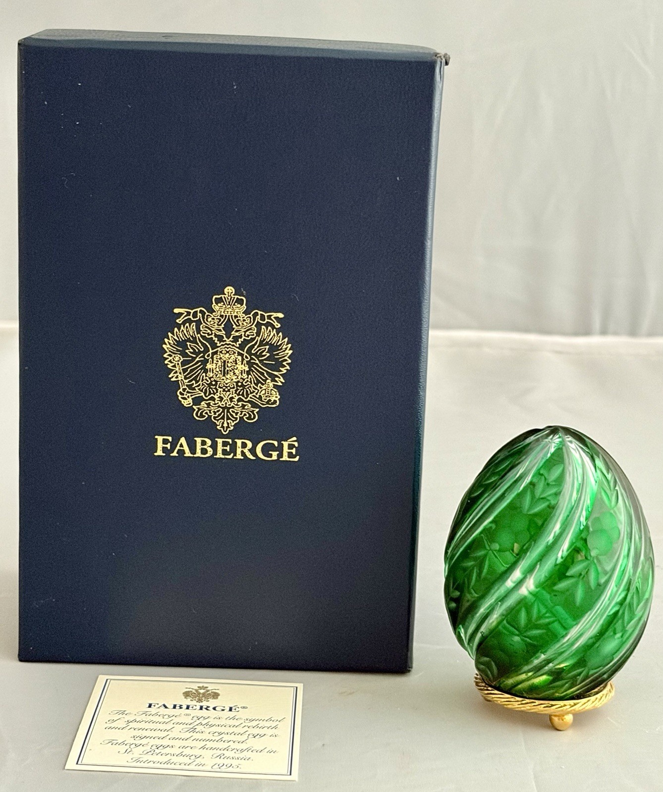 RARE! FABERGE GREEN ETCHED PRIMROSE CRYSTAL EGG w STAND 24k PLATED #0570 MIB