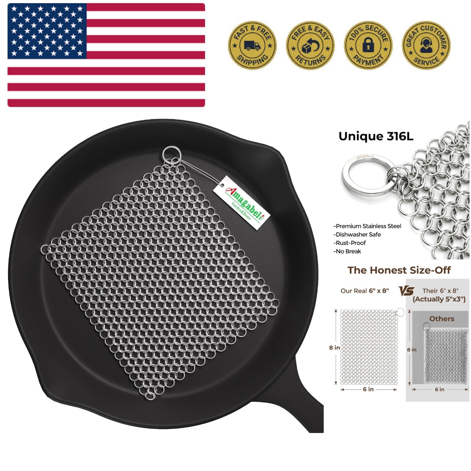 Cast Iron Cleaner 8″x6″ 316L Stainless Steel Chainmail Scrubber Cast Iron Ski…