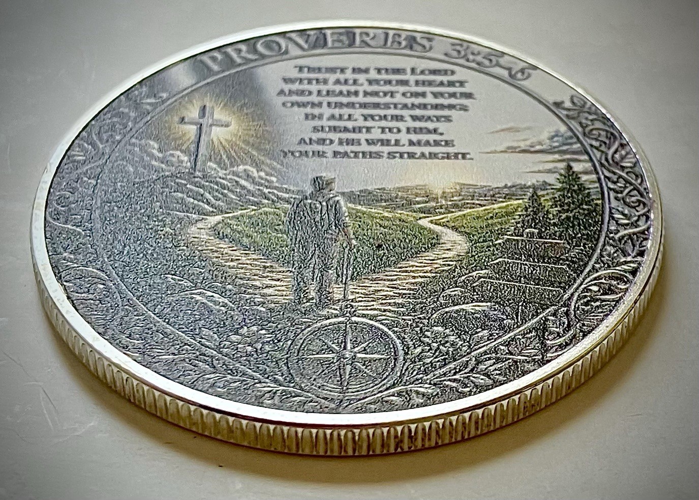 Proverbs 3:5-6 Challenge Coin-2D-Silver Colored-Matte Finish-New-Bible Verse