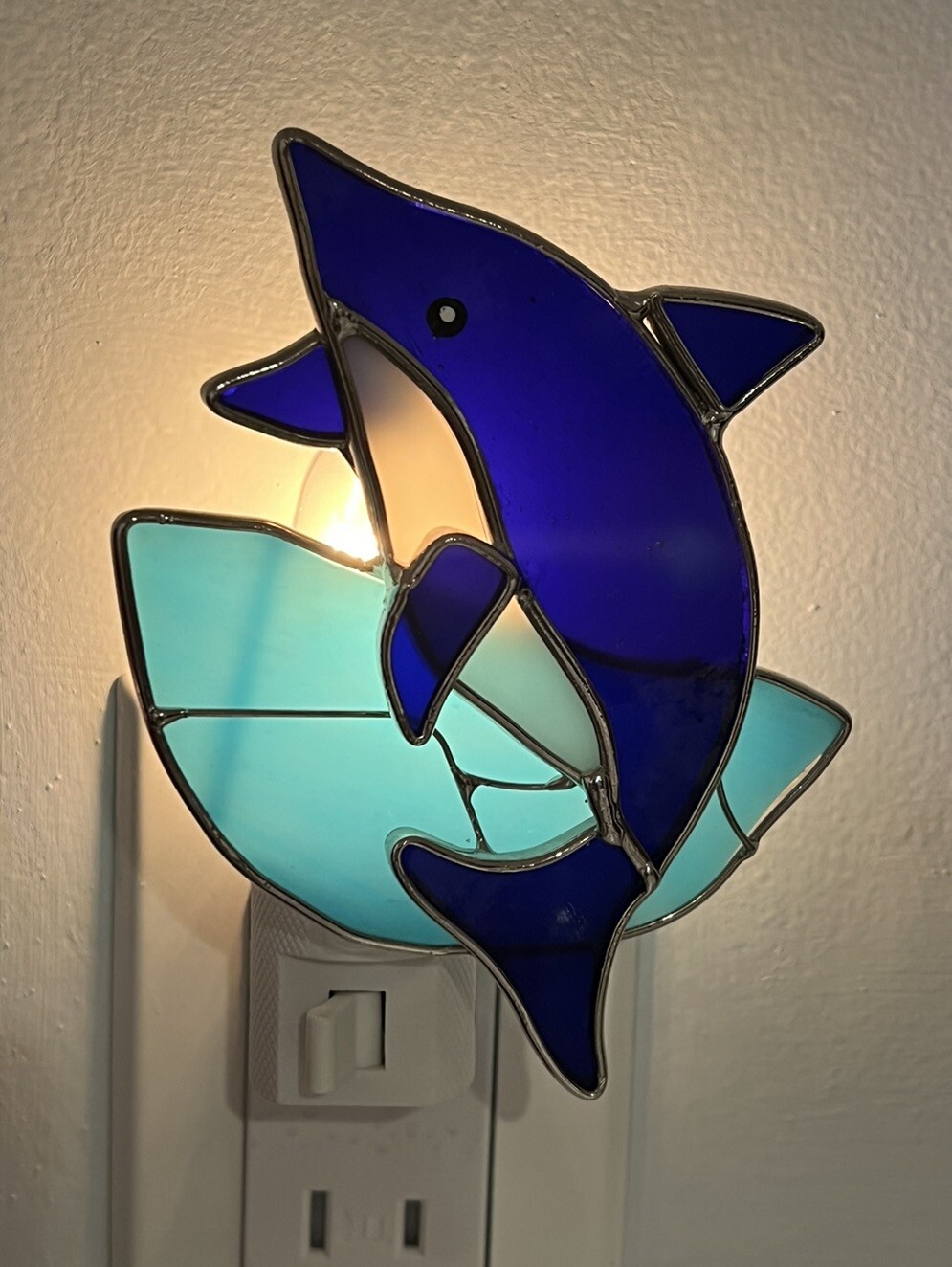 Dolphin Stained Glass Wall Plug Night Light On Off Switch Blue *NO BULB* Works!