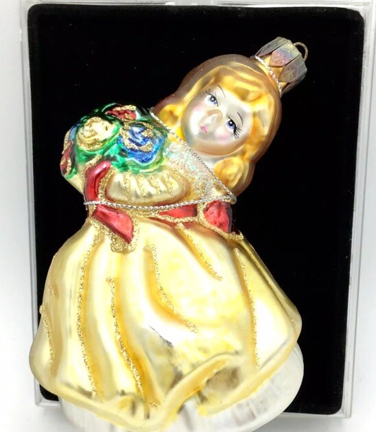 DANCING GIRL & flower bouquet Christmas ornament – NOS vtg hand-crafted glass