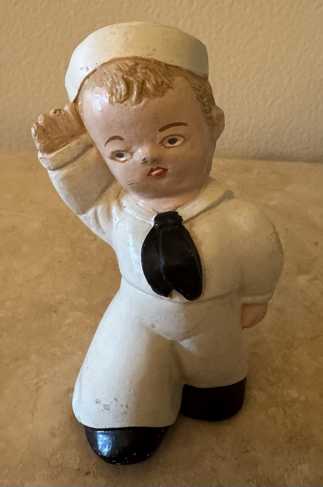 Rare WWII Era Hand Painted Details Chalkware Sailor Boy Figurine 6 inches tall.