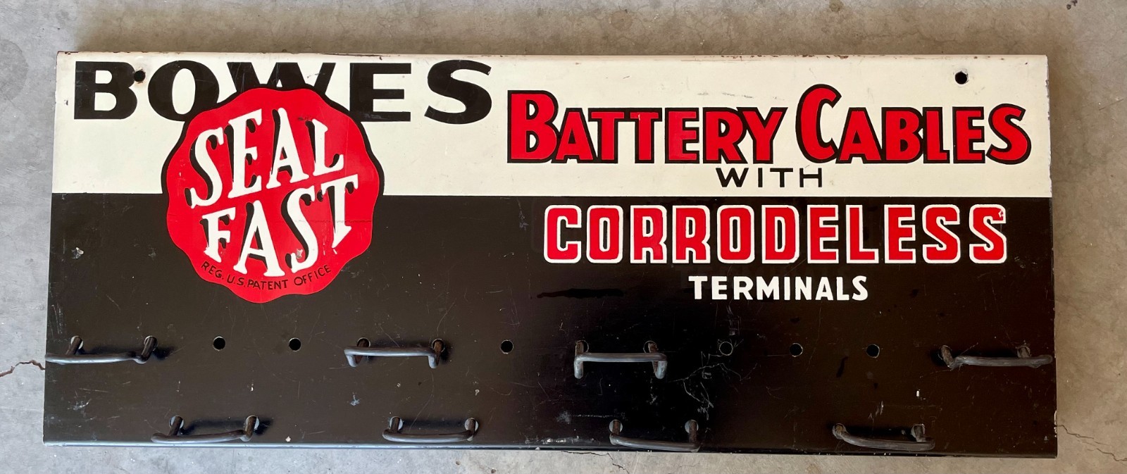 Vintage Bowes Seal Fast Enamel metal battery cable w. sign 1950-60s 8×20″
