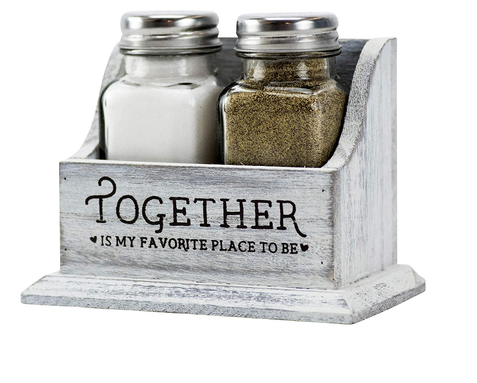 Salt & Pepper Shaker Set – Wood Holder “Together is my favorite place to be” NWT