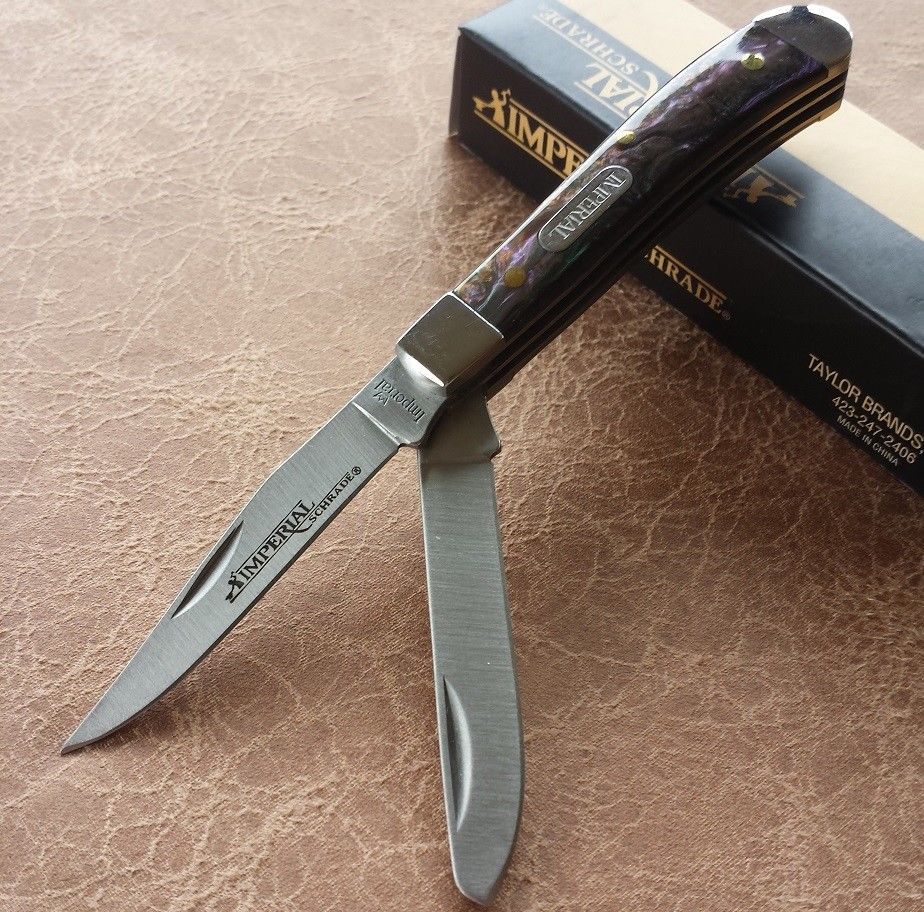 Schrade Imperial Small Trapper Knife Stainless Blades Swirl Celluloid Handle