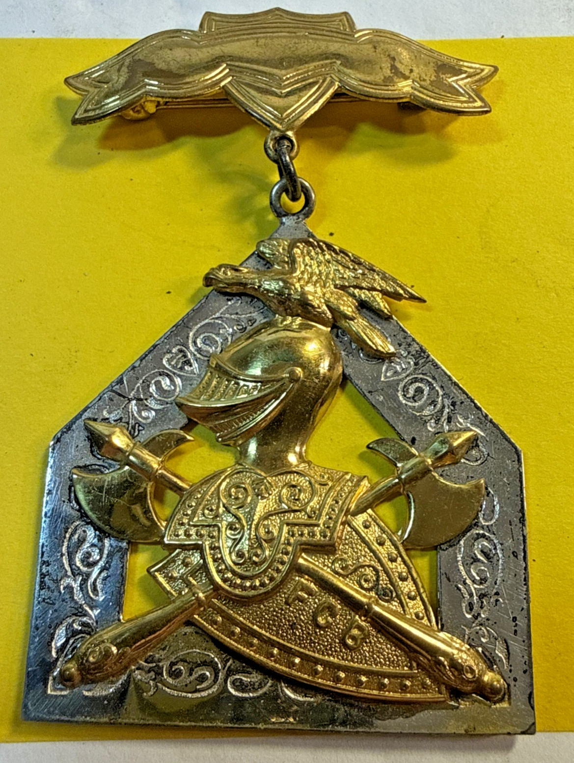 Antique Knights Of Pythias Large F.C.B. Silver & Gold Tone Pin/Medal 1874 + Case