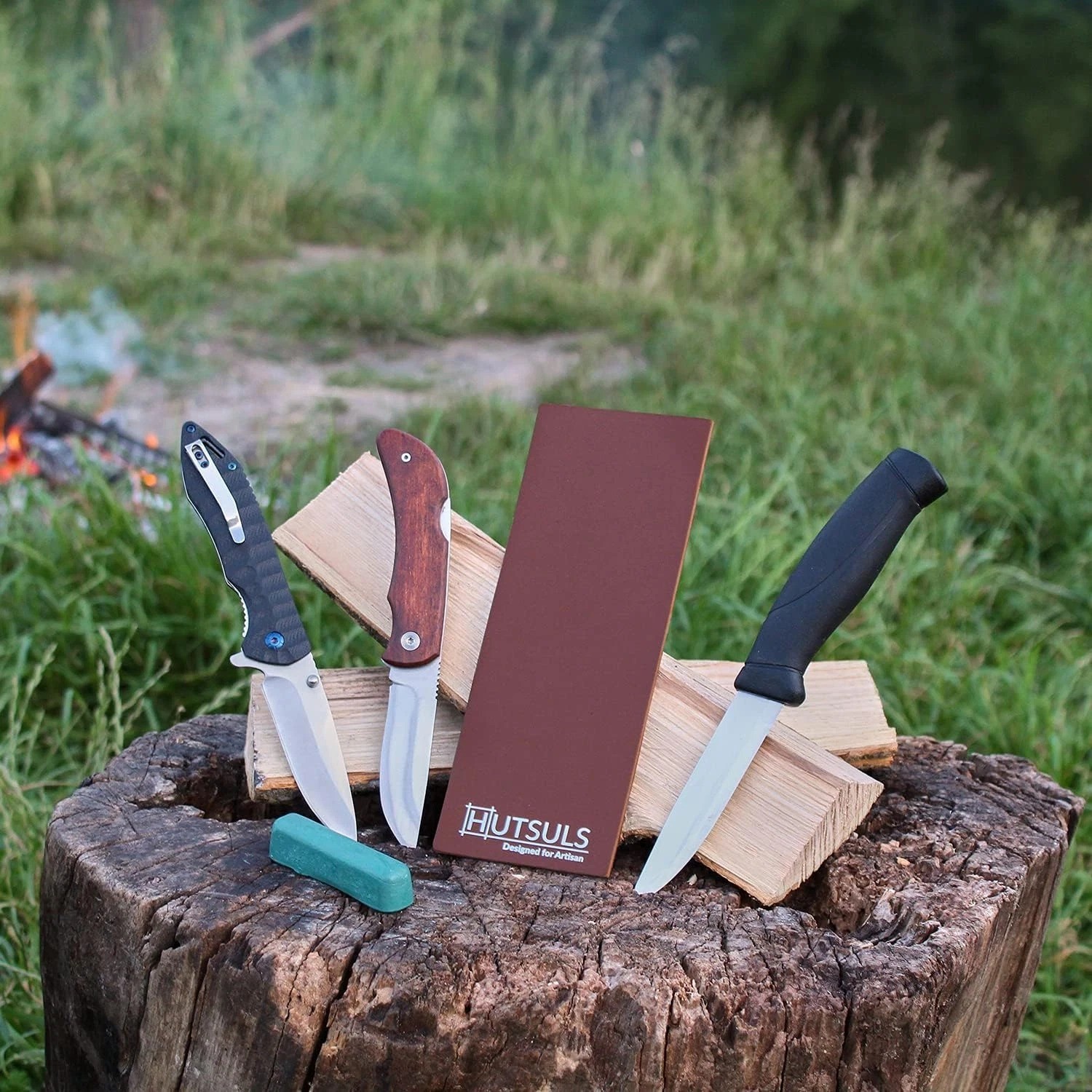 Brown Leather Strop Kit with Green Compound Vegetable-Tanned Two-Sided Sharpener