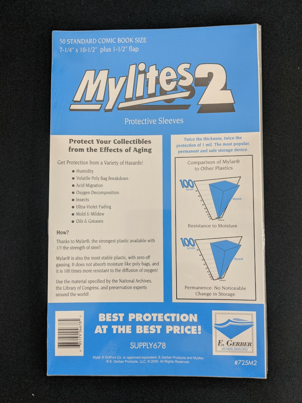 50 – E. Gerber Mylites 2 Mylar Standard Size Comic Book Bags 725M2 7 ¼ ” X 10 ½