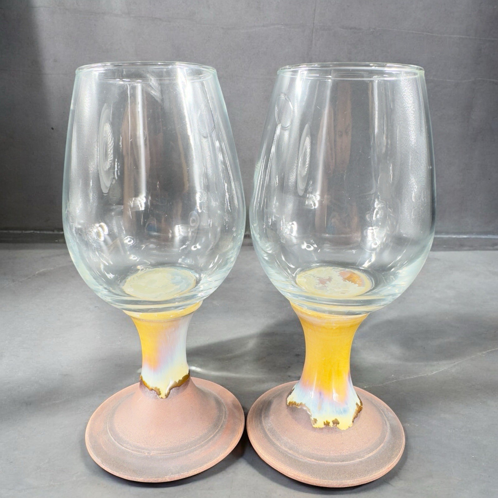 Pederson Pottery Hand Made Drinking Glasses Goblet Set 2 Drip Glaze Bottom Cups