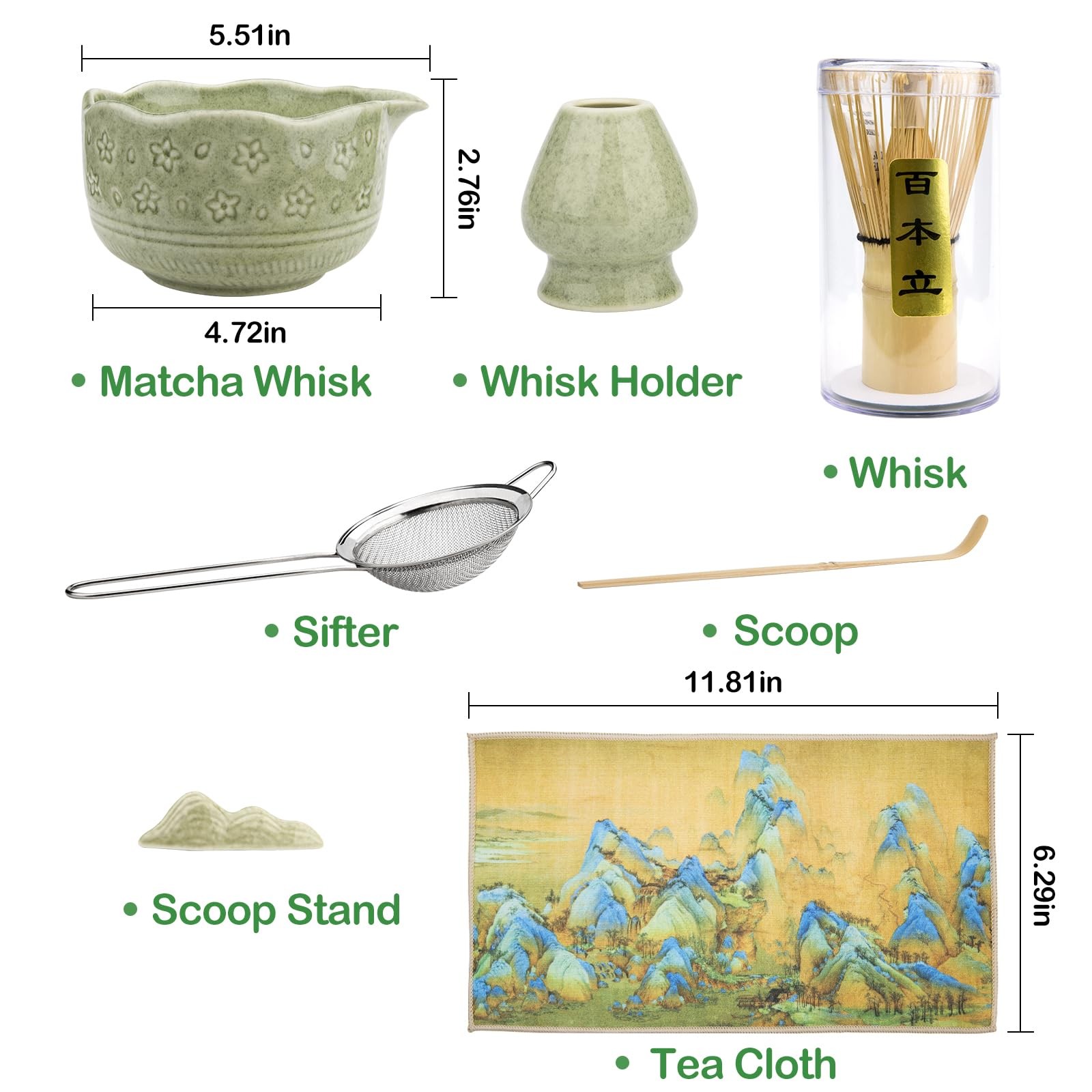Matcha Whisk Set – 7 PCS Kit, for Making Medium, Green