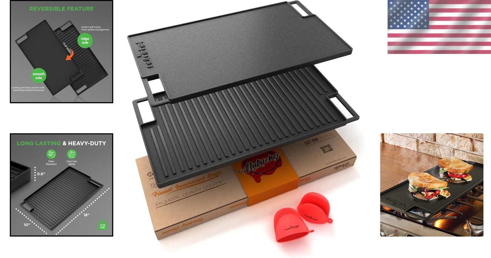 Versatile 18″ Cast Iron Griddle Pan – Flat and Ridged Cooking for Two Burners