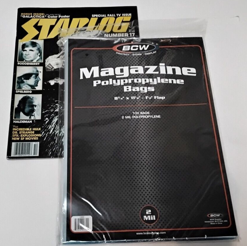 100 BCW MAGAZINE Bags (Sleeves) 8 3/4 X 11 1/8 + flap, 2 MIL Polypropylene