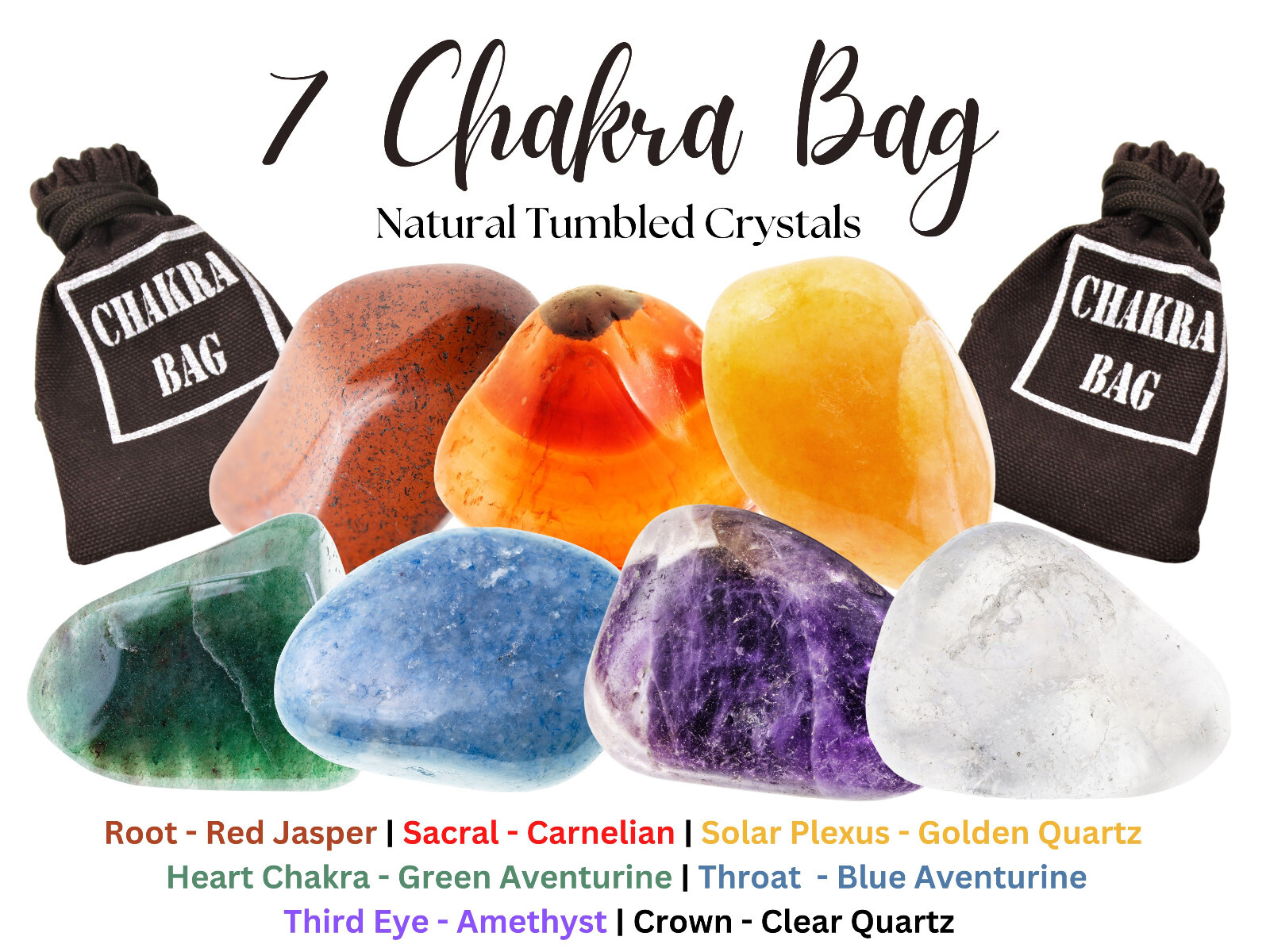 7 Chakra Tumbled Stones, Instructions & Carry Pouch (Crystal Healing Stone Set)