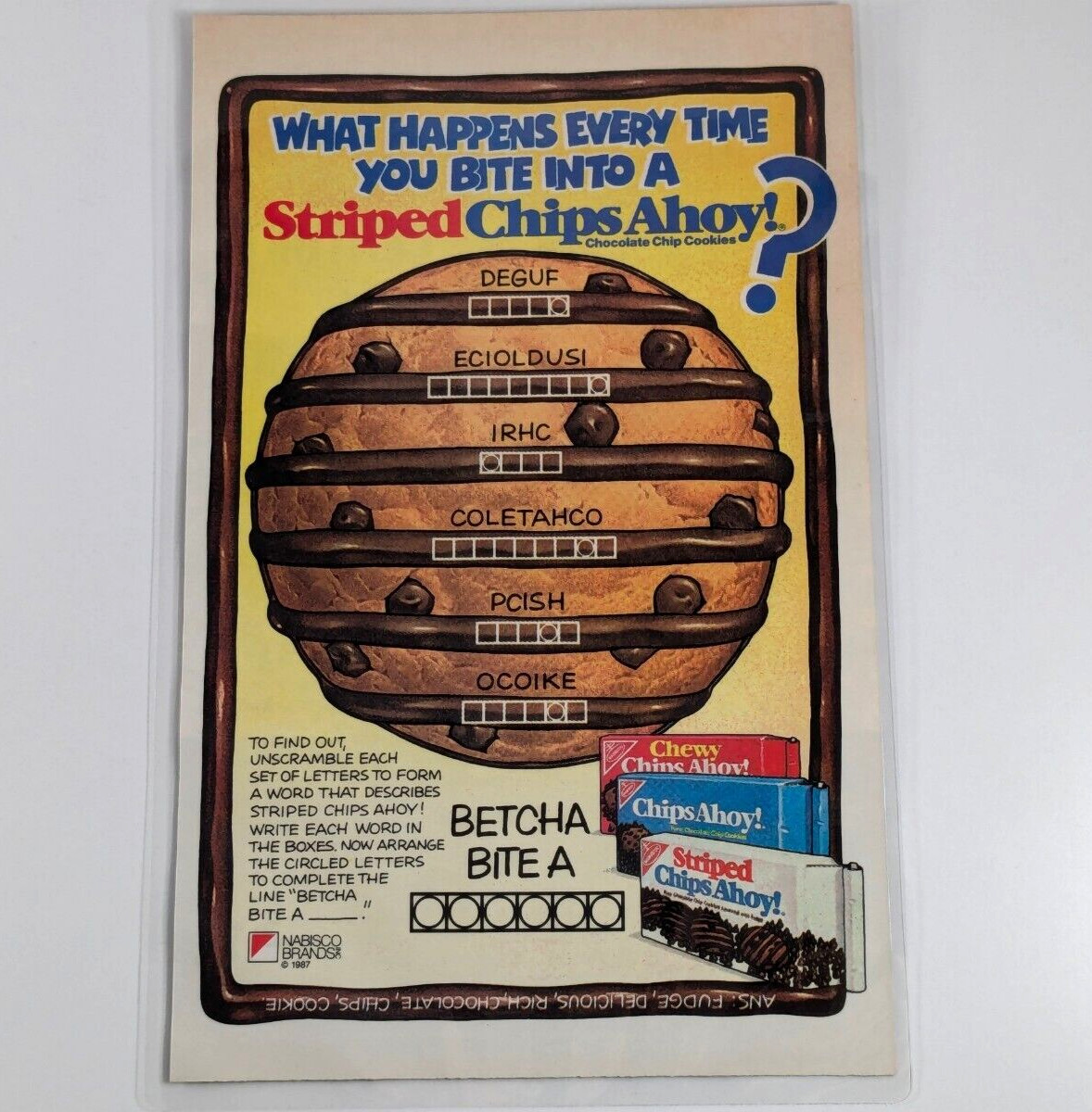 1987 Chips Ahoy Puzzle Ad – Word Scramble Cookie Promo, 7×10.5 Laminated Decor