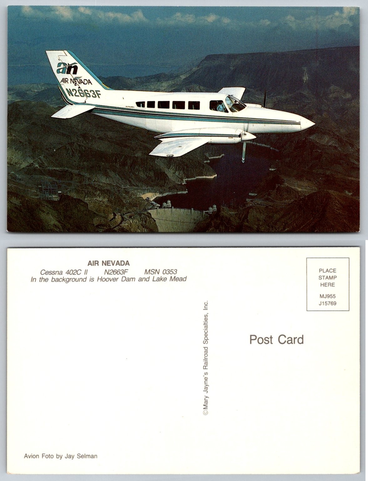 AIR NEVADA Cessna 402C II N2663F Hoover Dam Lake Mead Postcard