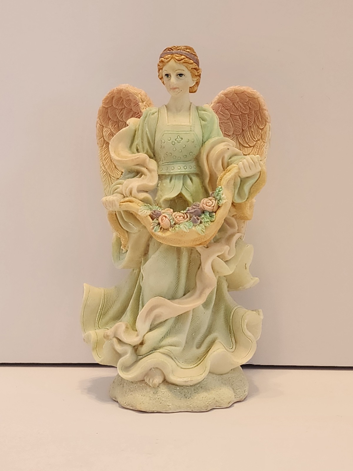 Pastel Angel Figurine With Rose Accents 7 1/4 Inch Colors: Green/Peach/Lilac