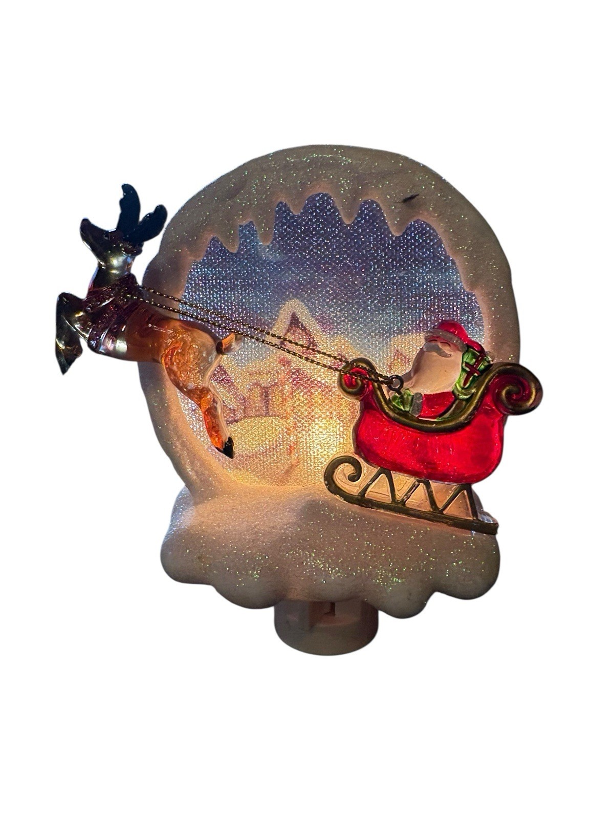 Christmas Santa Claus In Flight Sleigh Reindeer Plug In Wall Night Light Works