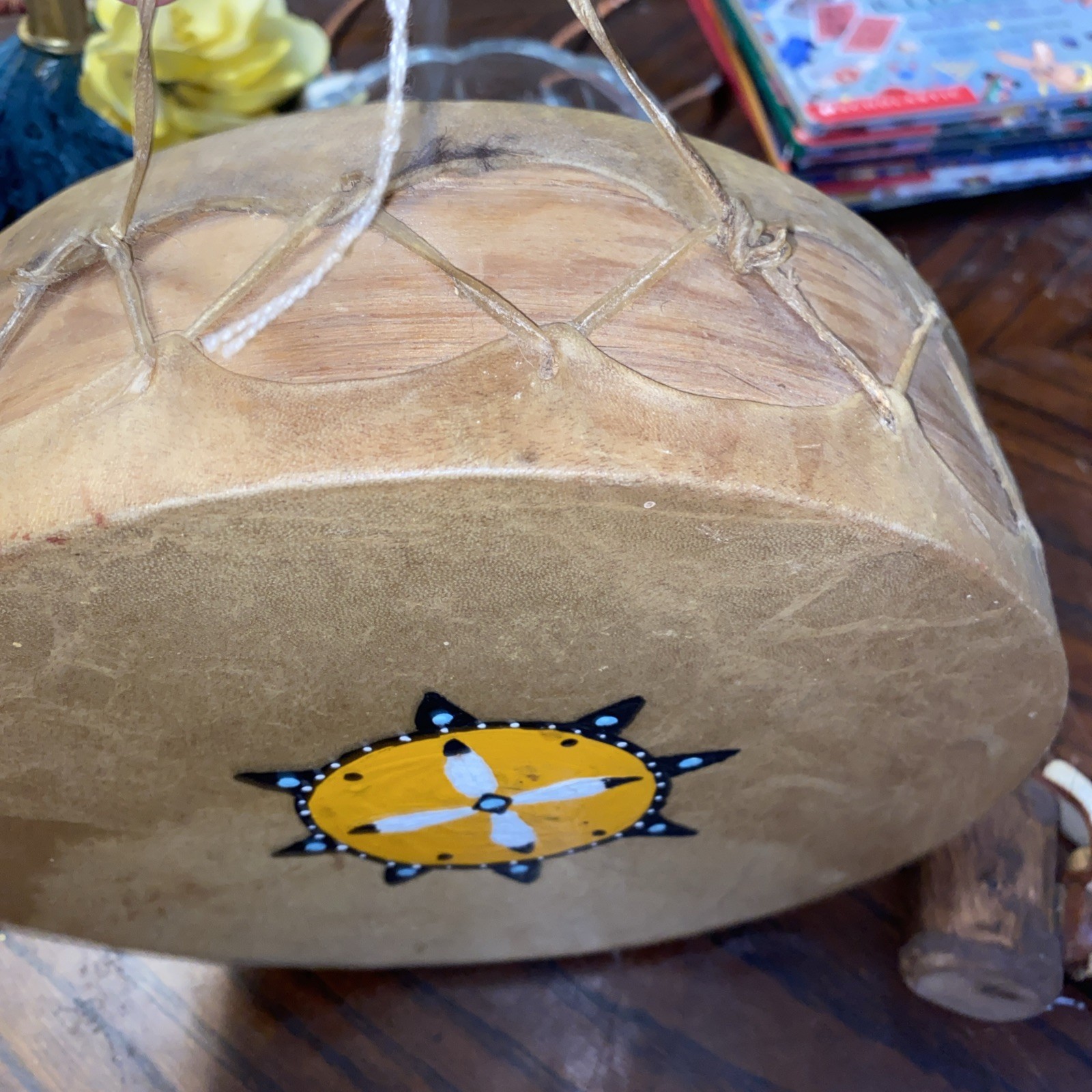 Cherokee Rawhide Handcrafted Drum Native American Signed 2 Bears Nahkone Painted