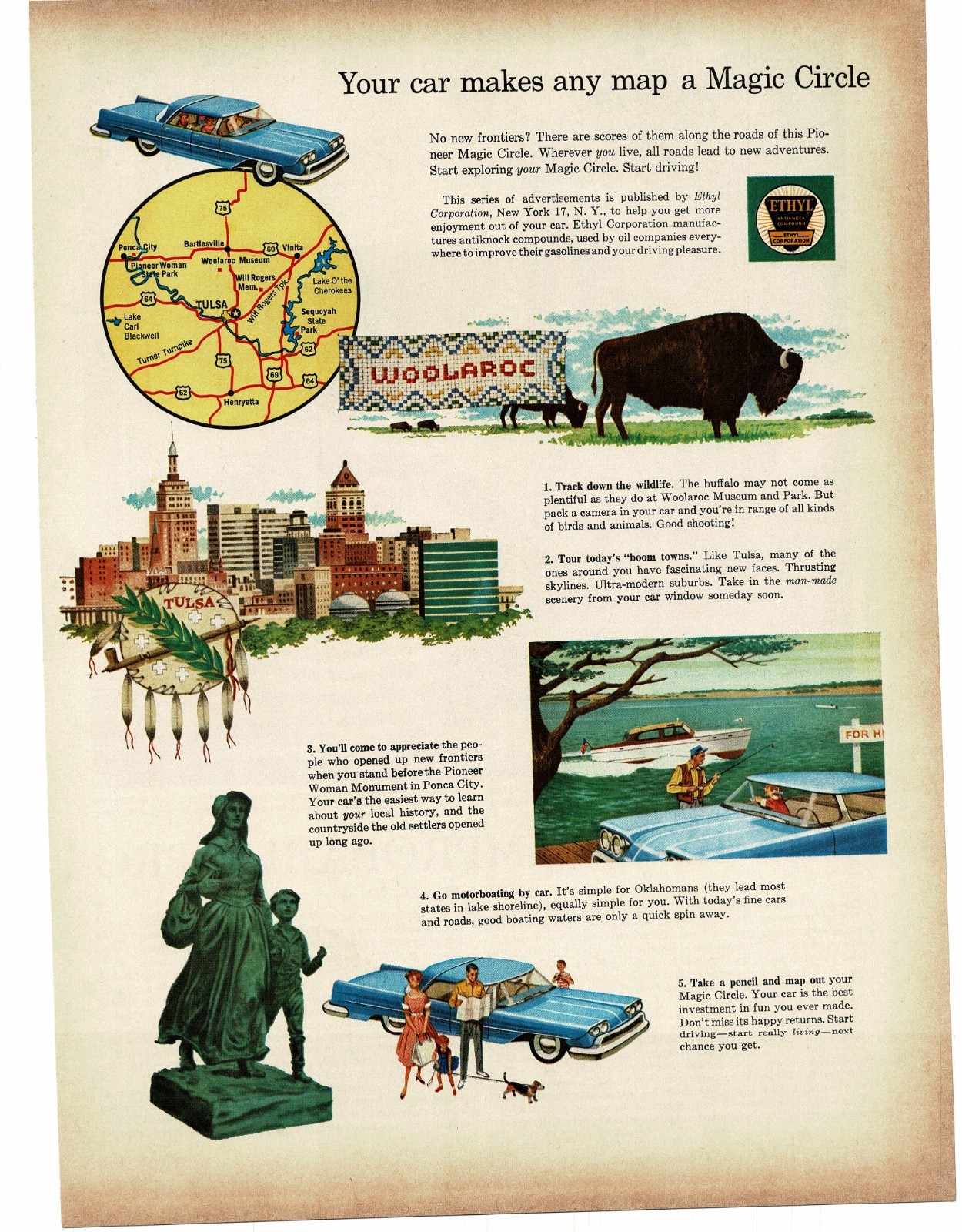 1959 Ethyl Corp Magic Circle Tulsa Oklahoma Sight-Seeing art Vintage Print Ad