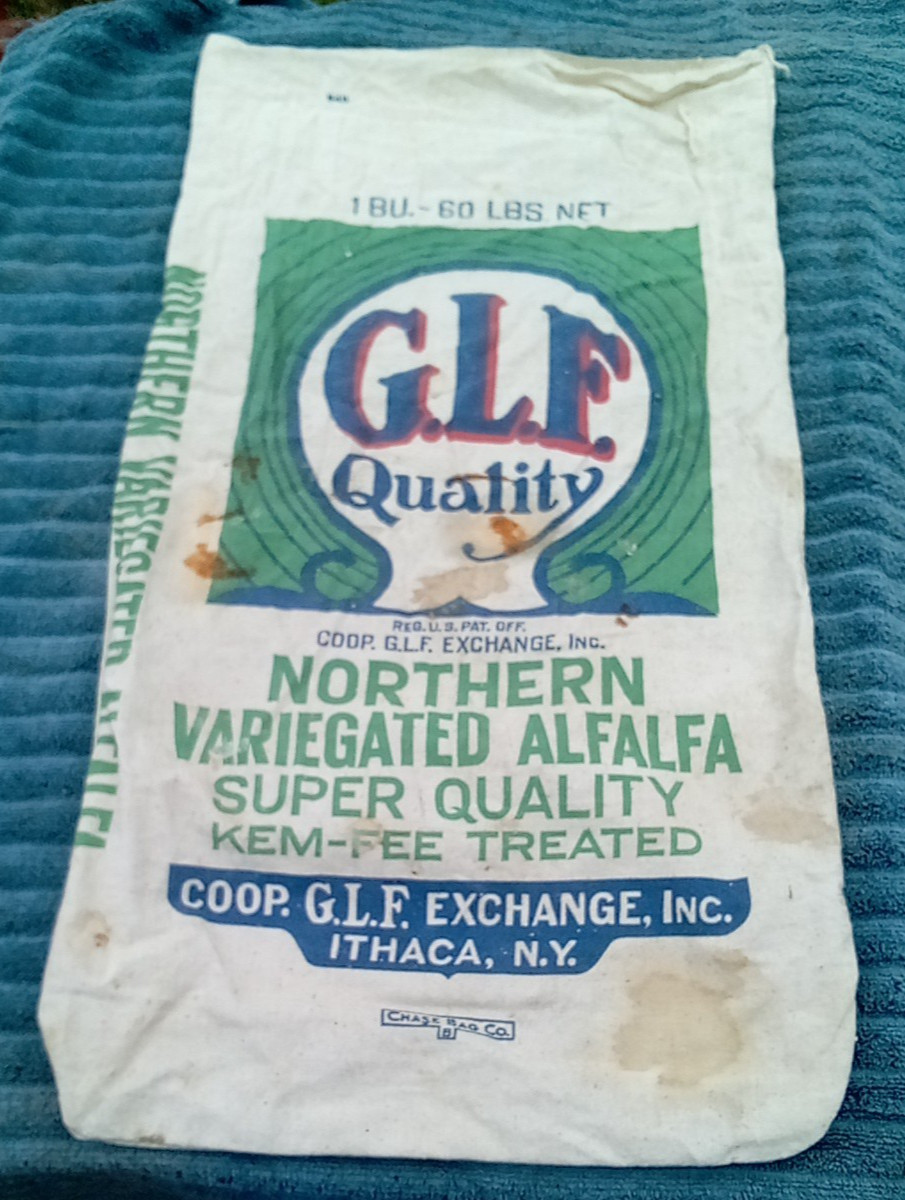 Vintage GLF Linen Feed Farm Seed Bag of Northern Alfalfa Ithaca NY 29″x 15″