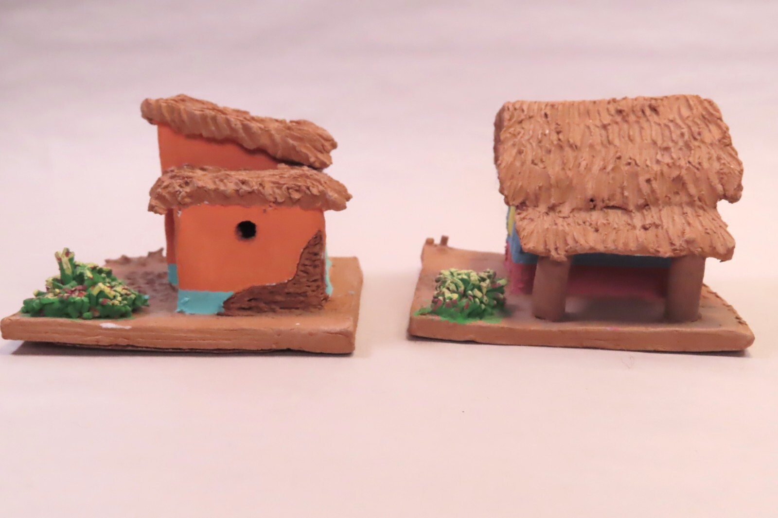 (4) Small Vintage Handcrafted Painted Terra Cota Clay House Folk Art Decor 2″