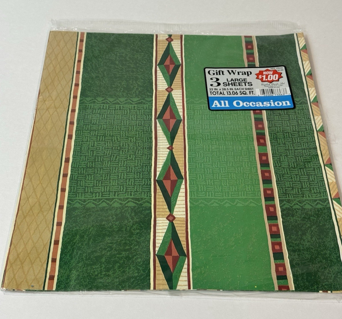 VTG English Cards Gift Wrap Green Geometric Southwestern 3 Sheets USA NOS READ